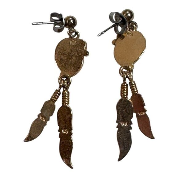 Vtg WMCO WHEELER SOUTHWESTERN Gold Tone Goldstone Feather Dangle EARRINGS Post - Picture 3 of 9